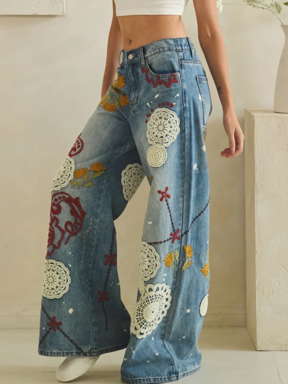 🎉 Oli and Hali “DEE” OLI & Hali WIDE LEG DENIM PANTS WITH EMBROIDERY DETAIL 34 - Picture 8 of 14
